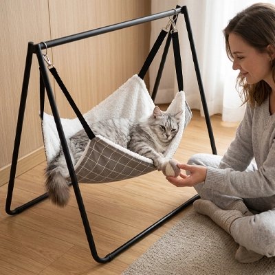 femme jouant avec son chat couche sur Hamac pour Chat