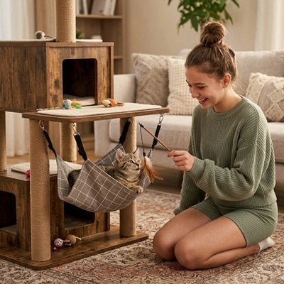 femme jouant avec son chat couche sur son Hamac pour Chat place sur son arbre a chat