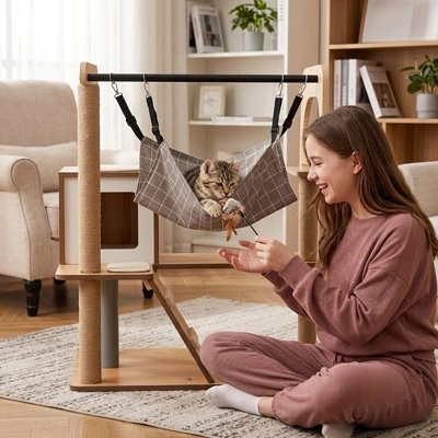 femme jouant avec son chat couche sur son Hamac pour Chat place sur son arbre a chat