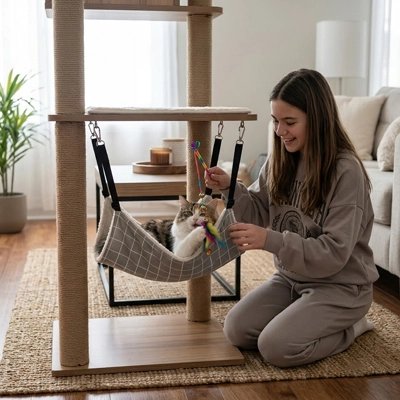 femme jouant avec son chat couche sur son Hamac pour Chat place sur son arbre a chat