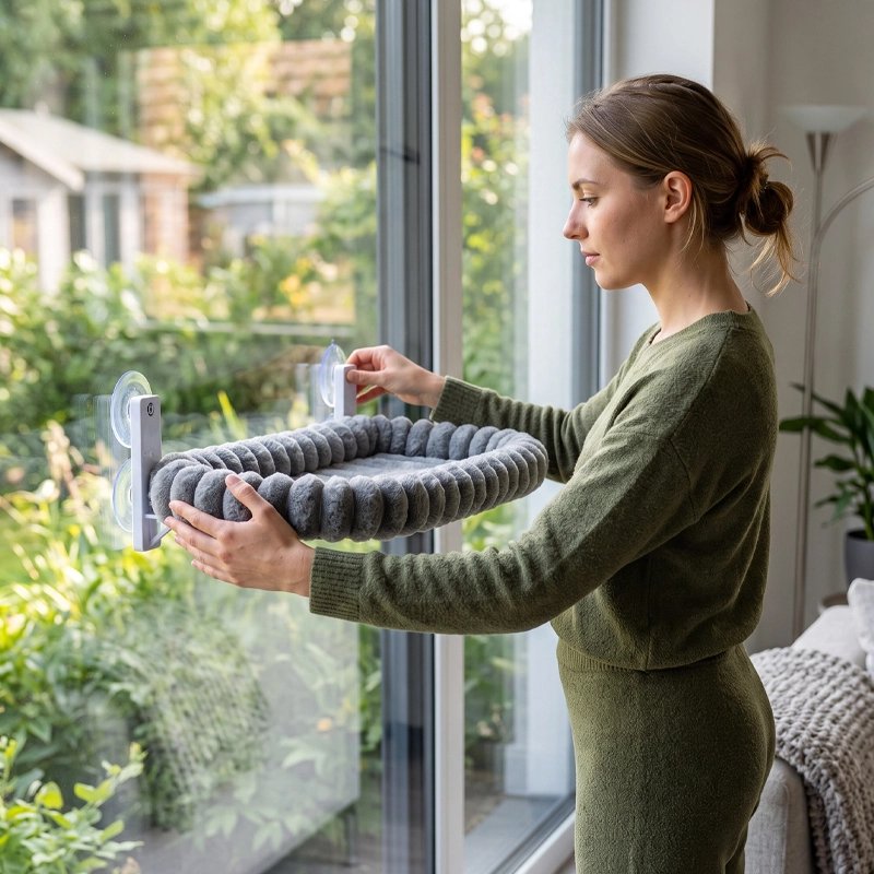 femme qui fixe le Hamac fenetre pour Chat pose sur la fenetre