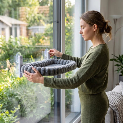 femme qui fixe le Hamac fenetre pour Chat pose sur la fenetre
