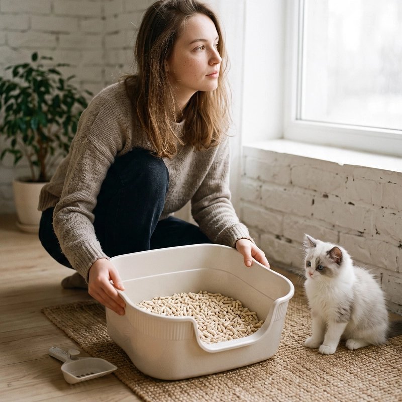 femme qui pose le bac à litière chat devant son chaton