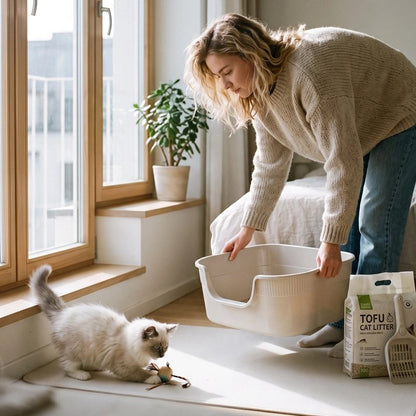 femme qui pose le bac à litière chat devant son chaton