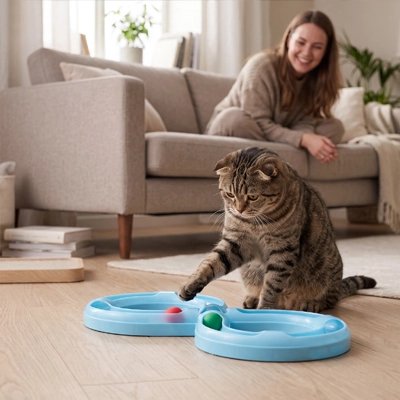 femme qui regarde son Chat jouant avec son Jouets pour chat en forme de tunnel