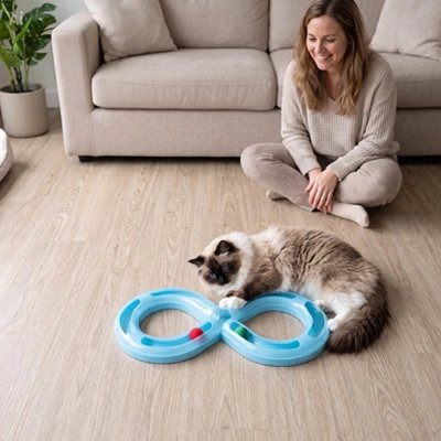 femme qui regarde son Chat jouant avec son Jouets pour chat en forme de tunnel
