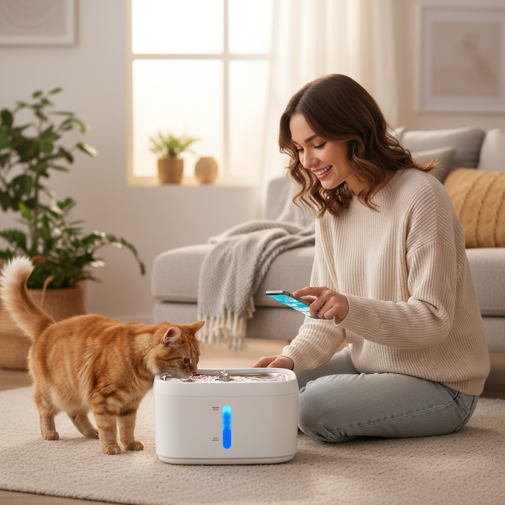 Femme réglant une fontaine à eau connectée pour chat avec un chat qui s'approche pour boire