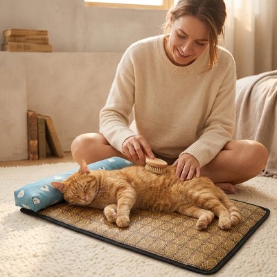 femme brosse chat couché  sur Tapis rafraichissant Chat