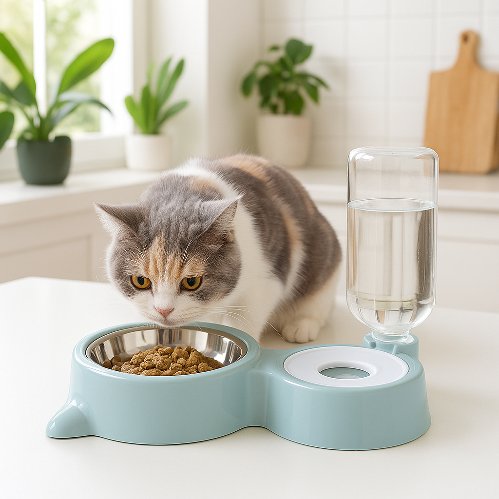  chat qui mange dans gamelle chat bleu