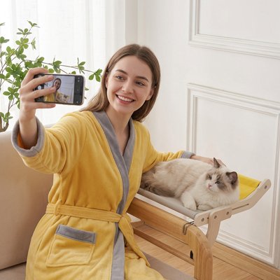 hemme qui se filme avec son chat pose sur son Hamac pour Chats