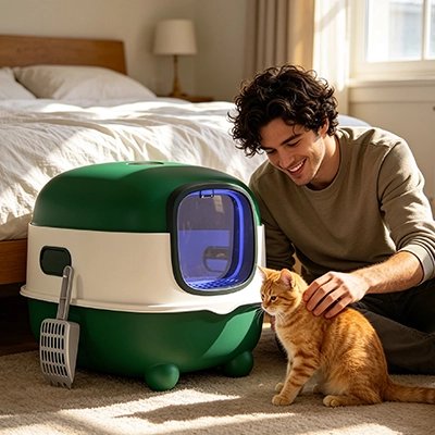 homme et chat devant Bac à litière Chat moderne couvert vert