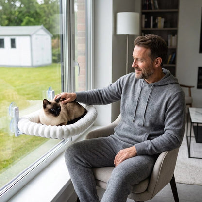 homme et chat  jouant sur  son Hamac fenetre pour Chat pose sur la fenetre