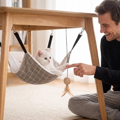 homme jouant avec son chat couche sur Hamac pour Chat