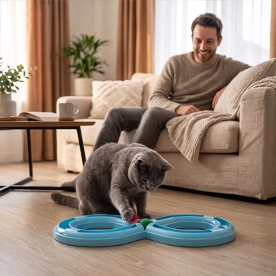 homme qui regarde son Chat jouant avec son Jouets pour chat en forme de tunnel