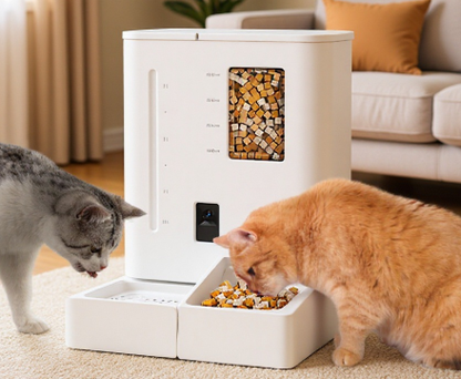 deux chats mangent dans mangeoir automatique pour chat moderne