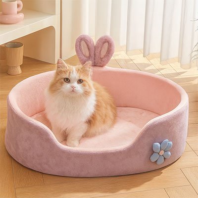 chat couché dans panier chat rose